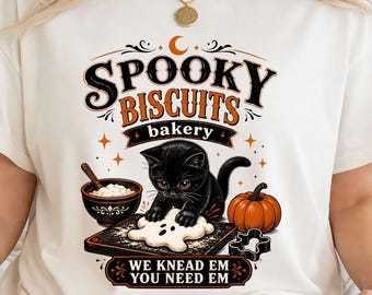Spooky Biscuits Bakery Shirt, Funny Cat Baking Tshirt, Cute Ghost Cookie Halloween Tee, Cozy Fall Gift For Cat Mom Women