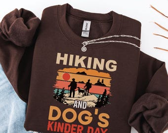 Hiking Dog Sweatshirt, Gildan Crewneck, Retro Outdoor Nature Graphic Pullover, Funny Puppy Lover Gift For Camper Women