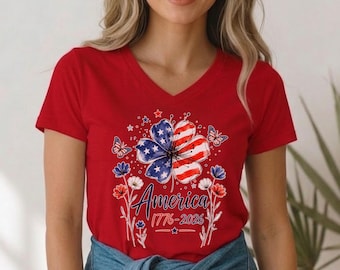 4th July 250th Year Shirts, Bella Canvas V Neck, Vintage America 1776-2026 Shirt, Patriotic Butterfly Floral Graphic Tee, Gift For Her