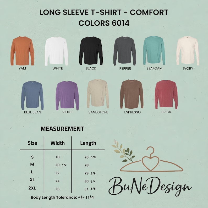 Pu&ograve; includere: Immagine di magliette a maniche lunghe in vari colori: igname, bianco, nero, pepe, verde acqua, avorio, blu jeans, viola, arenaria, espresso e mattone. &Egrave; inclusa anche una tabella delle taglie con misure in cm e il testo "BuNe Design".