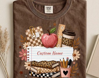 Custom Teacher Shirt, Personalized School Name Tshirt, Cute Leopard Apple Graphic Tee, Back To School Gift For Women Mom