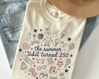 The Summer USA Turned 250 Shirt, Comfort Colors® Patriotic Summer Doodle Tee, America 250th Anniversary Shirt, 4th of July 2026 Gift