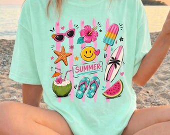 Retro Summer Beach Shirt, Comfort Colors 1717 Mint Tee, Cute Summer Doodle Elements Graphic T-Shirt, Tropical Vacation Gift For Women