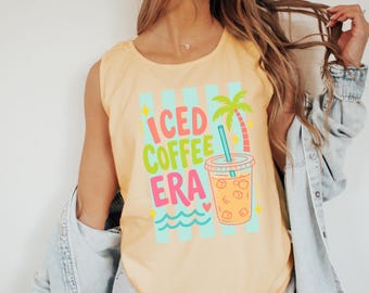 Iced Coffee Era Tank Top, Comfort Colors Summer Coffee Shirt, Retro Tropical Vacation Graphic Tee, Cute Caffeine Lover Gift For Her