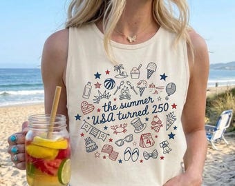 4th July 250th Year Shirts, The Summer USA Turned 250 Tank Top, Patriotic Summer Doodle Graphic Tee, Comfort Colors® Independence Day Gift