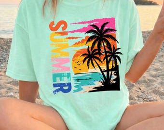 Retro Summer Shirt, Comfort Colors 1717 Mint Tee, Vintage Tropical Sunset Graphic T-Shirt, 80s California Palm Tree Beach Vacation Gift