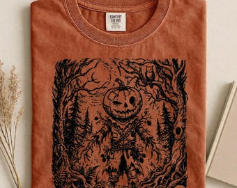 Pumpkin Scarecrow Shirt, Comfort Colors Tee, Vintage Gothic Halloween Tshirt, Spooky Forest Graphic Gift For Men Women