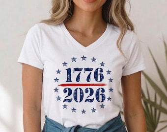 4th July 250th Year Shirts, Bella Canvas V Neck, Vintage America 1776 to 2026 Shirt, Distressed Patriotic Stars Circle Tee, Gift For Her
