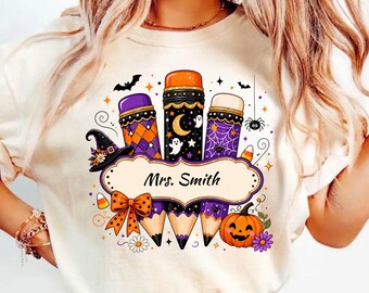 Custom Teacher Halloween Shirt, Personalized Spooky Name Tshirt, Cute Witch Pencil Graphic Tee, Fall Gift For Women Mom