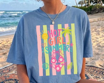 Hot Girl Summer Shirt, Comfort Colors 1717 Blue Jean Tee, Retro Beach Bikini Graphic T-Shirt, Cute Tropical Vacation Gift, Y2K Summer Top