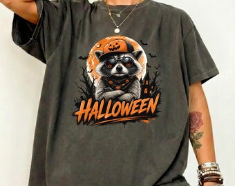Cool Raccoon Halloween Shirt, Comfort Colors Tee, Retro Spooky Season Tshirt, Funny Graphic Animal Lover Gift For Women