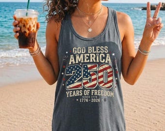 4th July 250th Year Shirts, Vintage God Bless America Tank Top, Distressed 1776-2026 Flag Shirt, Comfort Colors® Patriotic Gift For Her