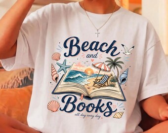 Beach And Books Shirt, Comfort Colors 1717 Tee, Cute Bookworm Summer Reading T-Shirt, Book Lover Tropical Beach Vacation Gift For Women
