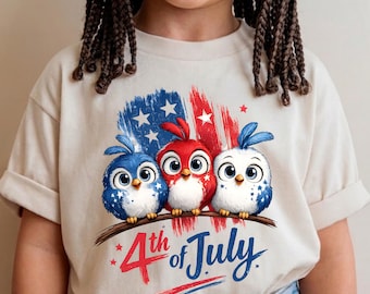 Patriotic Birds 4th of July Youth Shirt, Cute Red White Blue Kids Tee, USA Flag Bird Shirt, Bella Canvas 3001Y,America's 250th Birthday Gift