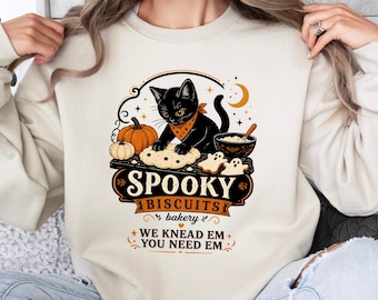 Spooky Biscuits Bakery Shirt, Funny Cat Baking Crewneck, Cute Halloween Pumpkin Sweatshirt, Cozy Fall Gift For Cat Mom