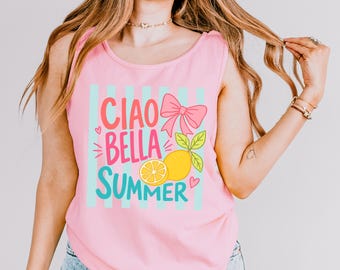 Ciao Bella Summer Shirt, Comfort Colors 1717 Tank Top, Retro Amalfi Coast Lemon Graphic Tee, European Vacation Bow Gift, Cute Italian Top