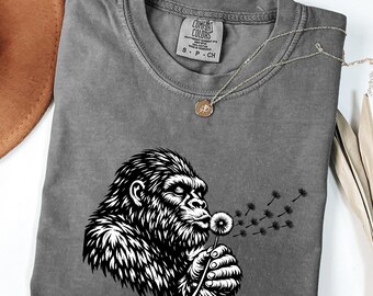 Bigfoot Dandelion Shirt, Comfort Colors Tee, Cute Sasquatch Graphic Tshirt, Funny Cryptid Nature Gift For Hiking Women Men