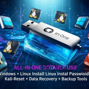 Pode incluir: Uma unidade USB prateada com o texto "in One" é cercada por ícones coloridos e as palavras "ALL-IN-ONE DOTABLE USB". O texto abaixo lista os recursos do Windows, Linux e recuperação de dados.