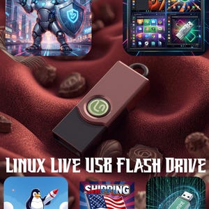 Puede incluir: Una unidad flash USB granate y negra con un logotipo verde, rodeada de ilustraciones de pingüinos, pantallas de ordenador y el texto "LINUX LIVE USB FLASH DRIVE".