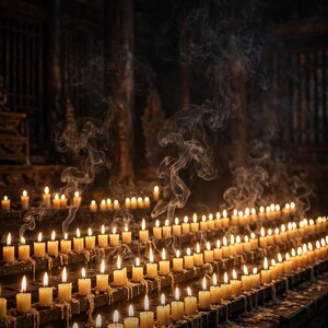 May include: Rows of lit cream-colored candles on tiered wooden stands with visible melting wax and rising wisps of smoke. The text "To conquer oneself is a greater victory than conquering others. — Buddha" is printed in white at the bottom.