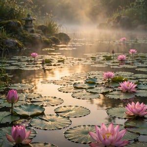 May include: A pond filled with pink lotus flowers and green lily pads, featuring a stone lantern on the bank in the misty background. The text "The mind is everything. What you think, you become. - Buddha" is printed at the bottom of the image.