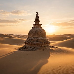 May include: A weathered stone stupa stands in the center of a vast, golden sand dune landscape under a sunset sky. The text at the bottom reads: Conquer anger with gentleness, and evil with good. — Buddha. The structure features a tiered spire.