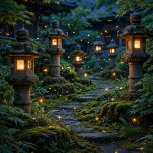May include: A stone garden path lined with illuminated stone lanterns and mossy rocks, surrounded by lush green foliage and floating golden lights. The text reads: You yourself must strive; the Buddhas only point the way. — Buddha