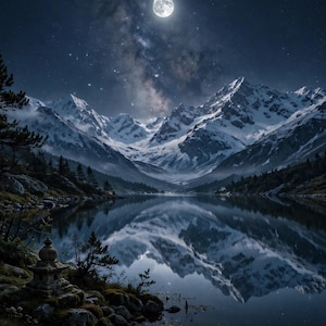 May include: A night landscape featuring a calm lake reflecting snow-capped mountains under a starry sky with a bright moon. A small stone pagoda sits on the rocky shore. The text reads: Avoid all evil, do good, purify the mind — this is the teaching of the Buddhas. — Buddha
