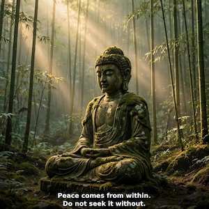 May include: A weathered stone Buddha statue sits in a meditative pose within a bamboo forest. The statue is covered in patches of green moss. Below the statue, the text reads: Peace comes from within. Do not seek it without. — Buddha.