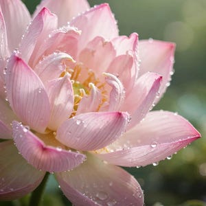 May include: A blooming pink lotus flower with water droplets on its petals. The text at the bottom reads: Better one day lived seeing the Deathless than a hundred years without it. — Buddha. The flower has a yellow center and soft pink edges.