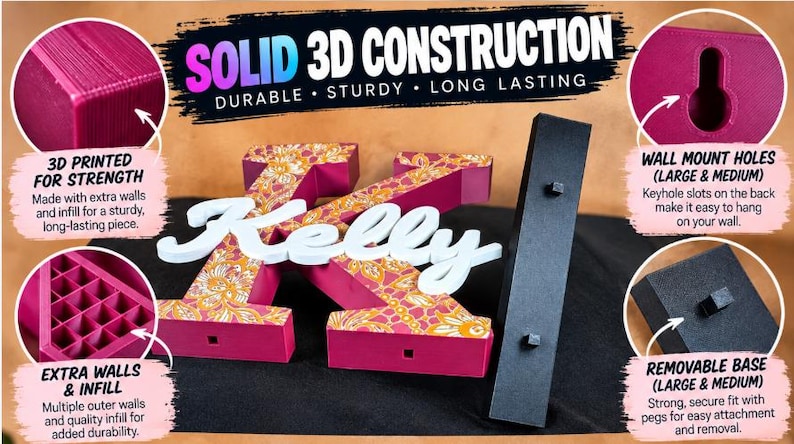 Personalized 3D Printed Name Sign, Custom UV Printed Initial Letter, Unique Name Decor for Home, Office, Man Cave, Bedroom & Nursery image 5