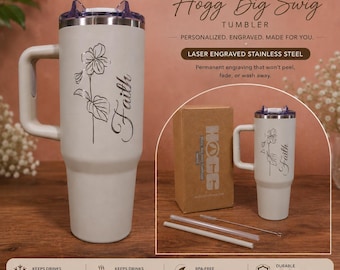May include: A 30oz matte light gray stainless steel tumbler with a handle, featuring a laser-engraved floral design and the word Faith. Includes a matching straw, a clear straw, a cleaning brush, and a cardboard box with the Hogg brand logo.
