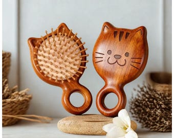 猫用木製ヘアブラシ – 女性、子供向けの天然素材の絡まり解消頭皮マッサージコーム