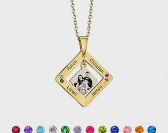 家族写真入りパーソナライズネックレス（名前刻印入り、誕生石ペンダント付き）