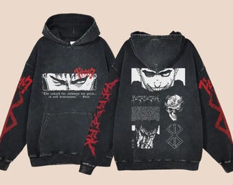 ベルセルク ガッツ マンガ グラフィック パーカー、ヴィンテージ ウォッシュ ストリートウェア プルオーバー