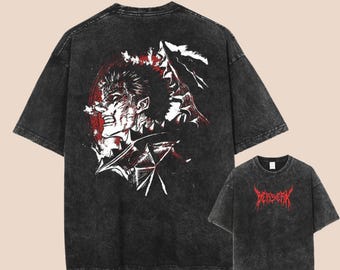 ベルセルク ガッツ マンガ グラフィック Tシャツ、ヴィンテージ ウォッシュ ストリートウェア シャツ