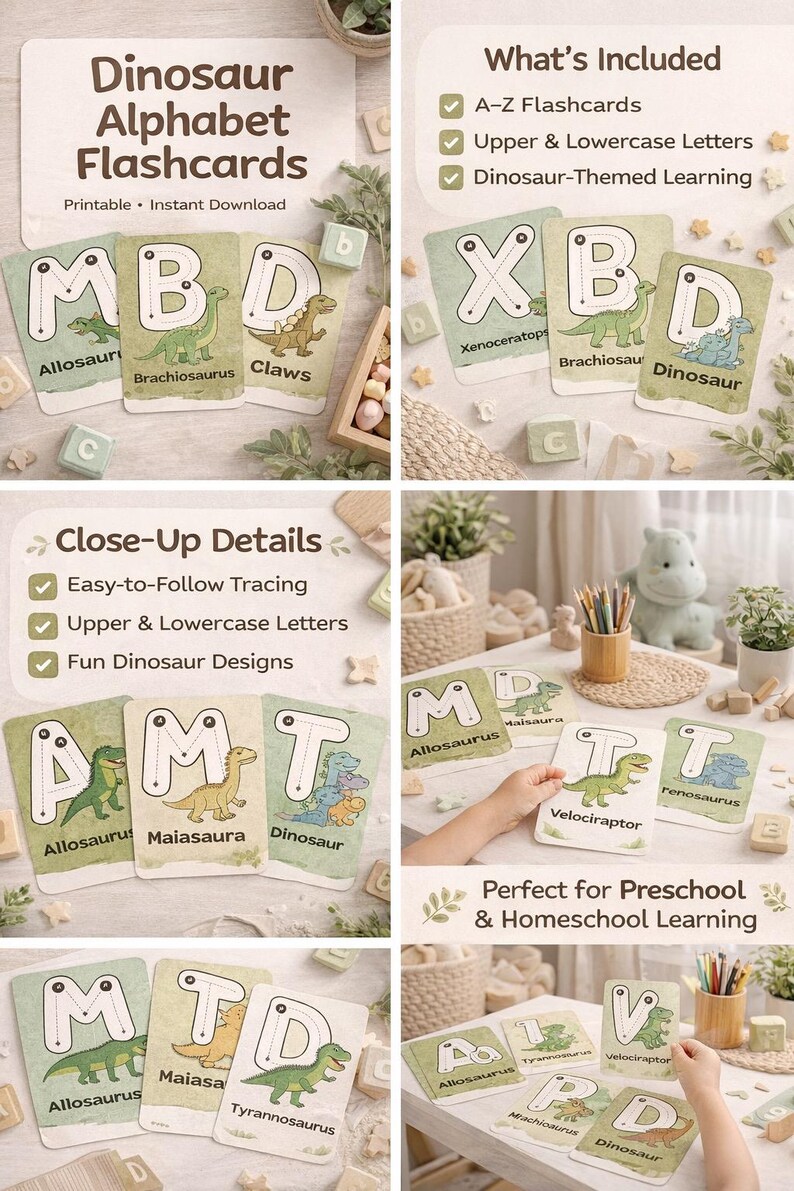 Dinosaur Alphabet Flashcards Printable | ABC Cards for Kids | Preschool ...