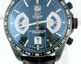 Orologio da polso vintage Tag Heuer Grand Carrera Calibre 17 Cronografo al quarzo con quadrante nero, spedizione gratuita.