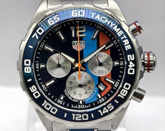 Vintage Tag Heuer Formula 1 Chronograph Herrenarmbanduhr mit blauem Zifferblatt, Tachymeter, Quarzwerk und Datumsanzeige