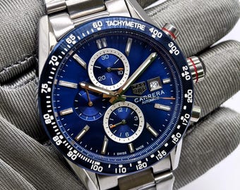 Vintage Tag Heuer Carrera Chronograph Quartz Blue Dial Chronograph Tachymetre Analog Men's Wrist Watch