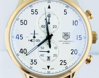 Orologio da polso vintage Tag Heuer First Swiss Watch In Space Cronografo al quarzo con quadrante bianco da uomo, spedizione gratuita.