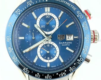 Orologio da polso vintage Tag Heuer Carrera Chronograph al quarzo con quadrante blu e tachimetro, spedizione gratuita.