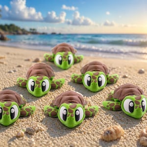 Könnte beinhalten: Eine Ansammlung von Plüschschildkröten mit braunen Panzern und grünen Körpern mit braunen Flecken, die auf einem Sandstrand liegen. Die Schildkröten haben große, ausdrucksstarke Augen. Muscheln und das Meer sind im Hintergrund zu sehen.
