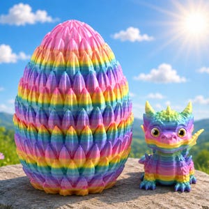 Könnte beinhalten: Eine große, regenbogenfarbene eiförmige Skulptur mit strukturierter Oberfläche, neben einer kleinen, passenden Drachenfigur. Der Drache und das Ei stehen auf einem Stein, mit sonnigem Himmel und grüner Landschaft im Hintergrund.