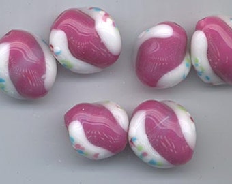 frosted swirled rounds with light coffee brown glass on the edges 6 vintage Japanese lampwork glass beads 14.5 x 14 mm