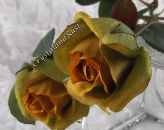 Ramo de rosas dorado/verde - Flores artificiales de seda - Ramos de boda - Arreglos artificiales - Materiales para bricolaje - SH0094