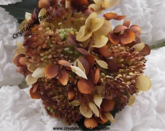 Ramo de hortensias con semillas en tonos marrón/óxido - Flores artificiales de seda - Follaje - Ramos de boda - Arreglos artificiales - Materiales para bricolaje - DC013