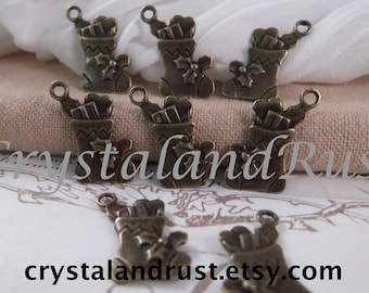 8pc. Christmas Stocking Charm --- Antique Bronze Color --- CHM - 081