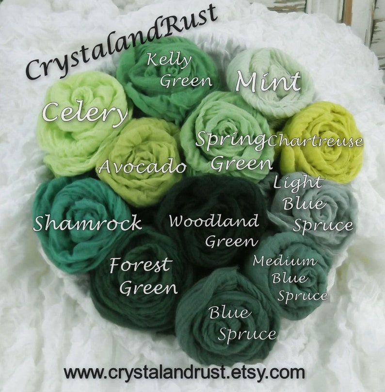 May include: A bouquet of 10 fabric rosettes in shades of green and blue, including celery, kelly green, mint, spring chartreuse, avocado green, shamrock, woodland green, forest green, light blue spruce, medium blue spruce, and blue spruce. The rosettes are arranged in a circle with the text "Crystaland Rust" at the top and "www.crystalandrust.etsy.com" at the bottom.