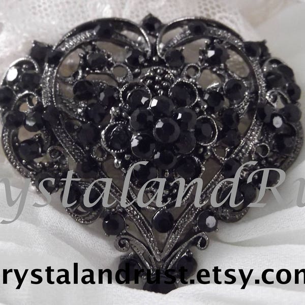 1 Gorgeous Large Black Heart Rhinestone Brooch --- Gunmetal Color --- BR013